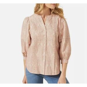 J.Mclaughlin Laramie Blouse Women's XLarge Pink Bird Floral Silk Blend 3/4 Puff